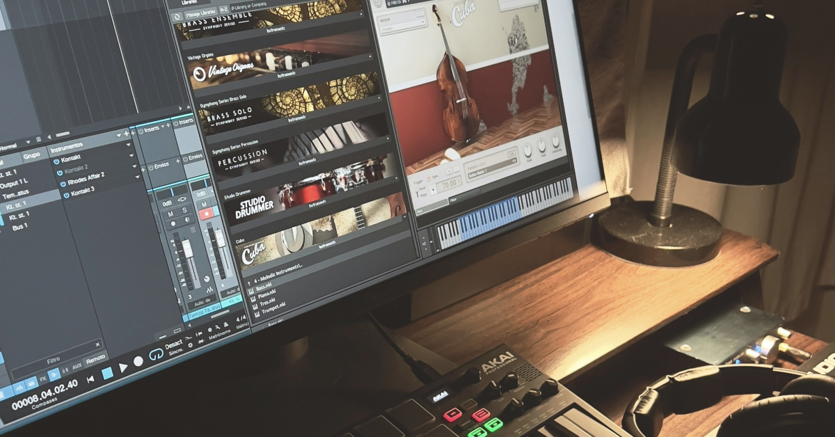 An audio computer monitor sitting on top of a desk