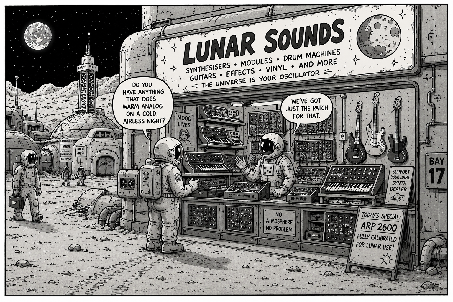 Black-and-white cartoon of a moonbase music shop selling synthesisers and instruments, with astronauts browsing gear under a starry lunar sky.